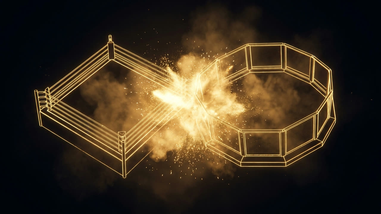 A glowing gold boxing ring and a gold octagon colliding in a burst of light