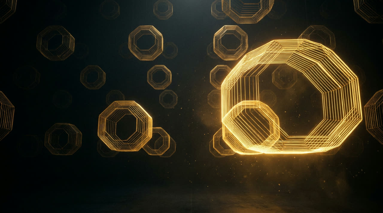 A grid of glowing gold octagon outlines receding into darkness