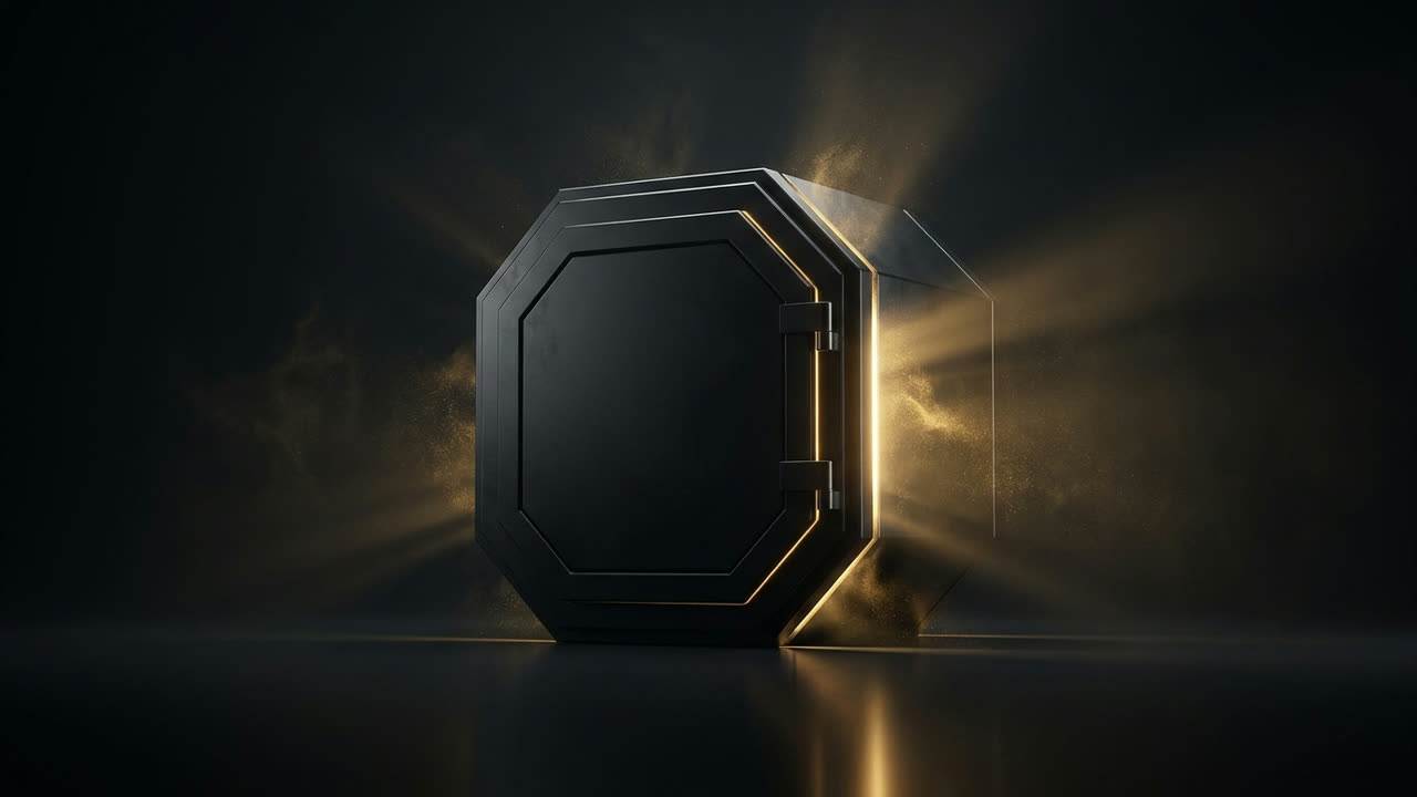 A sealed black octagonal vault with gold light leaking through its seams