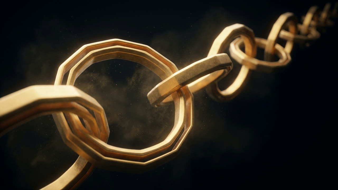 A chain of interlocked glowing gold rings stretching unbroken into darkness