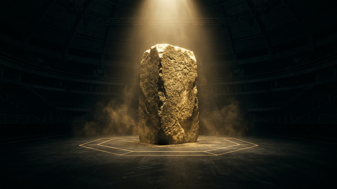 A colossal monolith of gold-lit stone standing inside a dark octagon