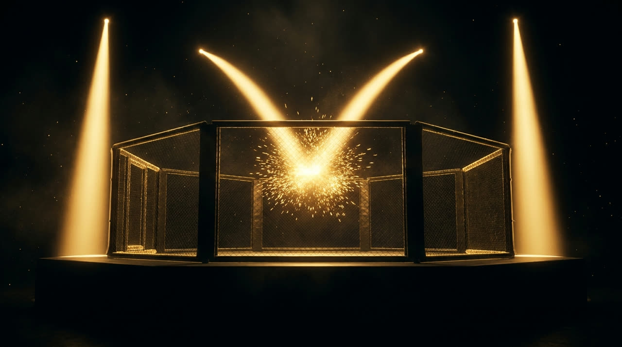 Two arcs of gold light colliding in the centre of an octagon
