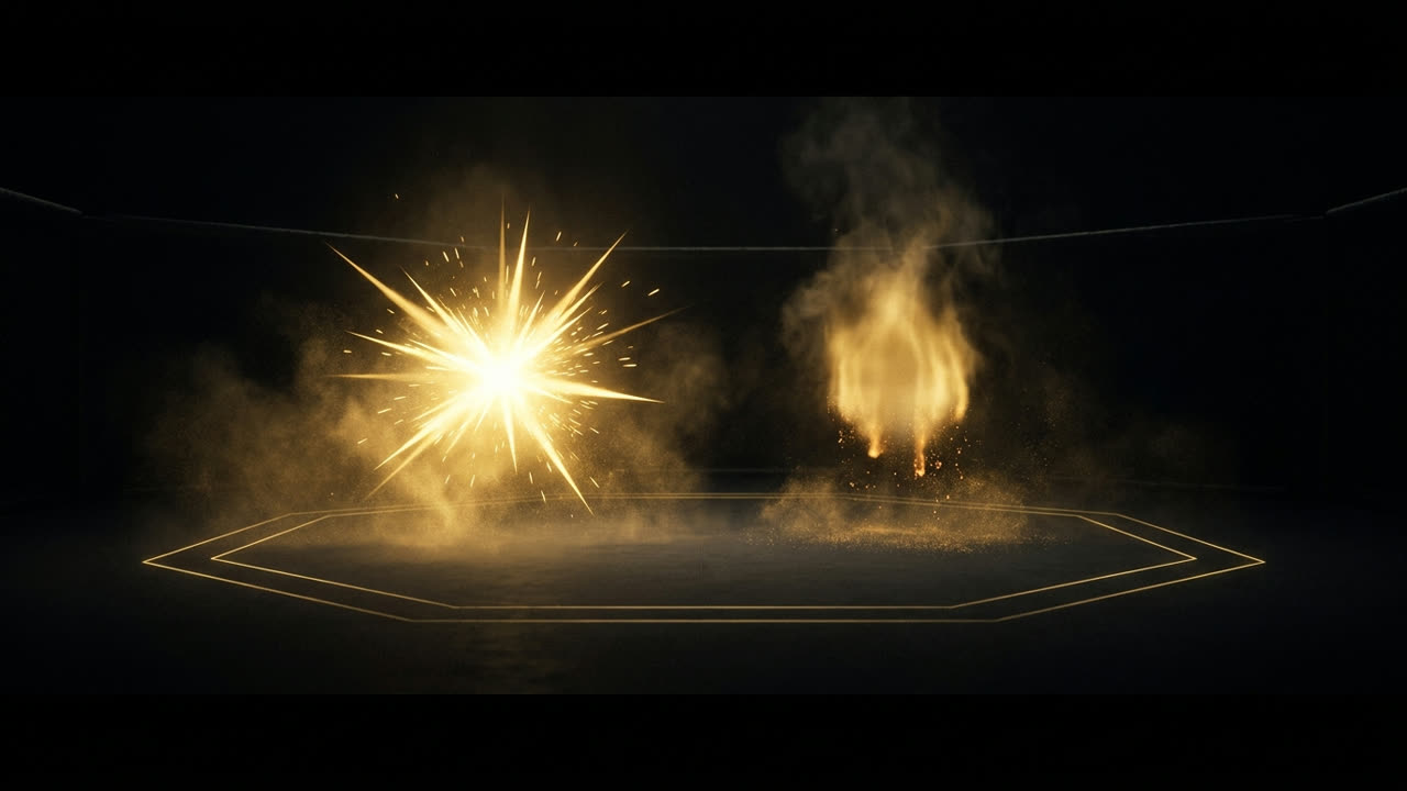 A sudden gold flash beside a slowly fading gold light inside a dark octagon