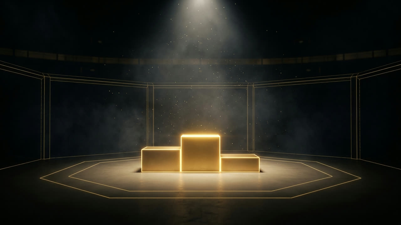 A golden winner's podium glowing inside a dark octagon