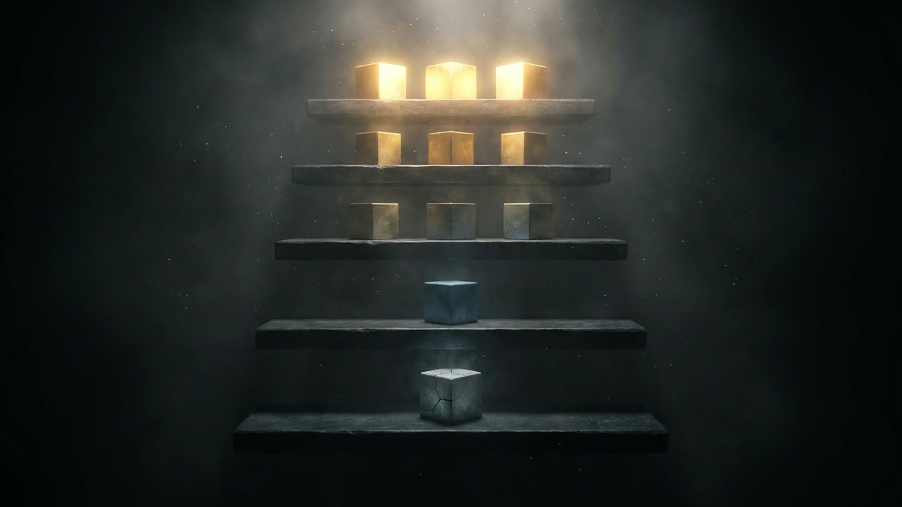 Tiered shelves of glowing gold cubes descending to a single cracked grey cube