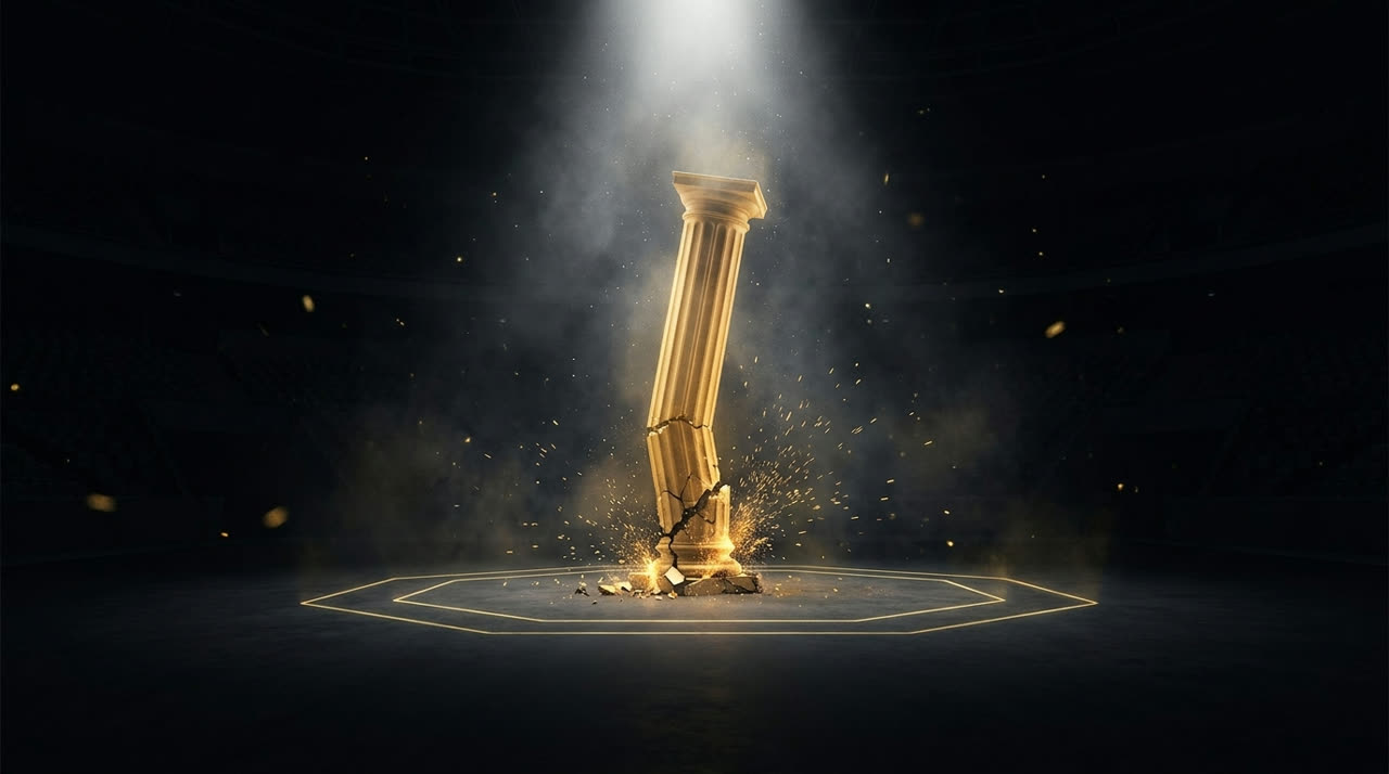 A column of gold light buckling and collapsing inside a dark octagon