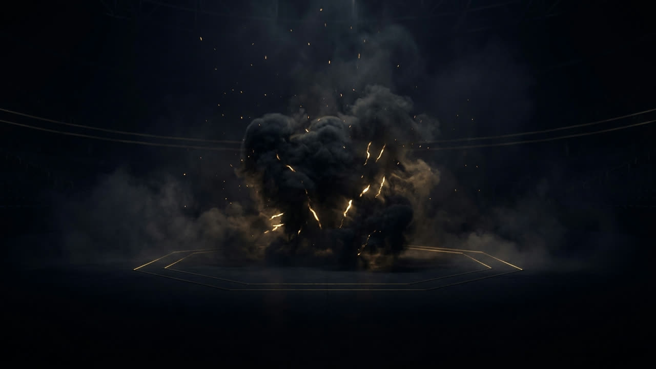 An ominous mass of dark smoke and gold light looming inside a dark octagon