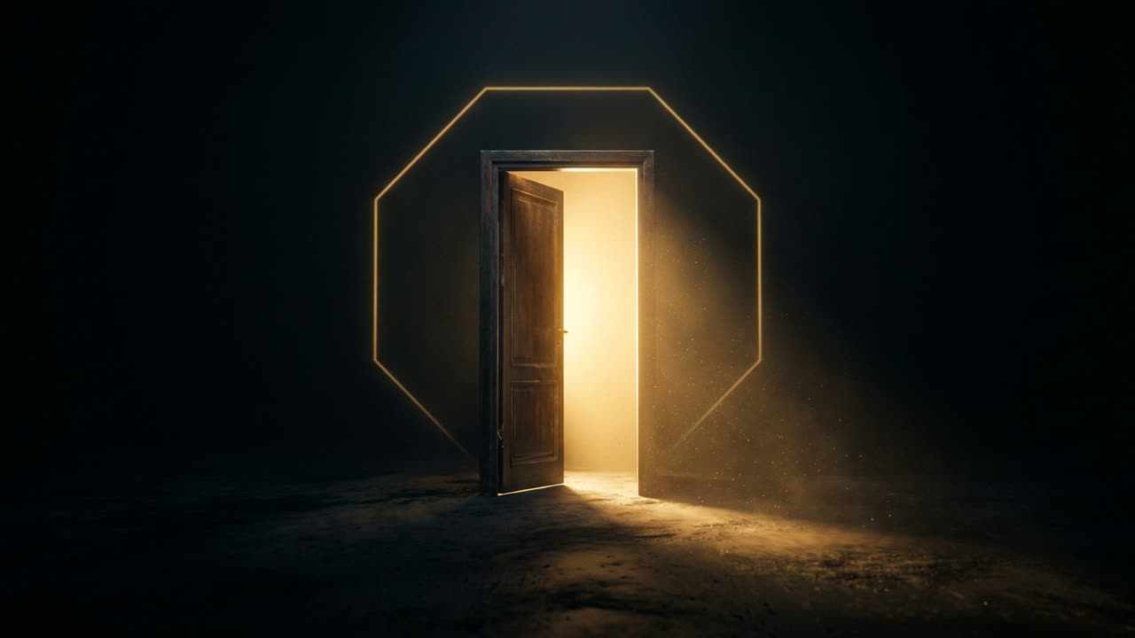 An open doorway glowing with gold light in the dark, the way out