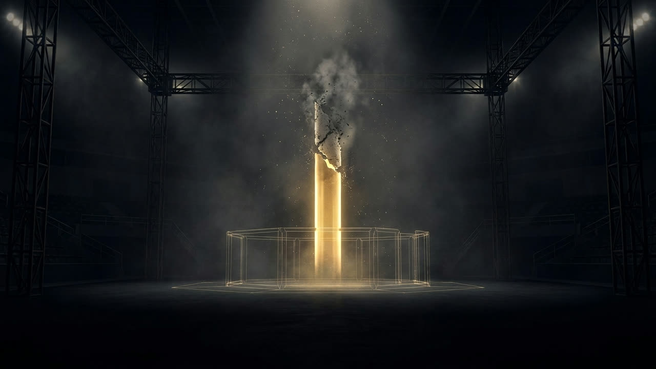 A tall column of gold light inside a dark octagon, its top fractured and fading to grey ash