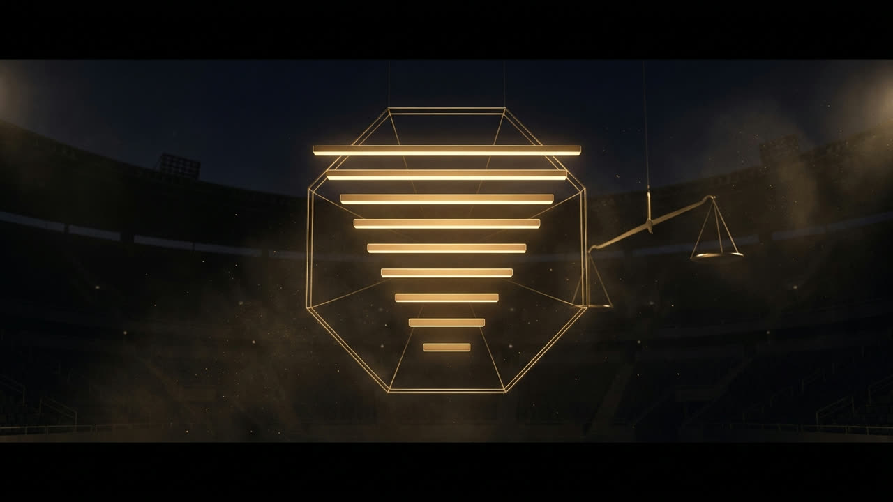 Ascending bars of gold light inside a dark octagon, representing weight divisions