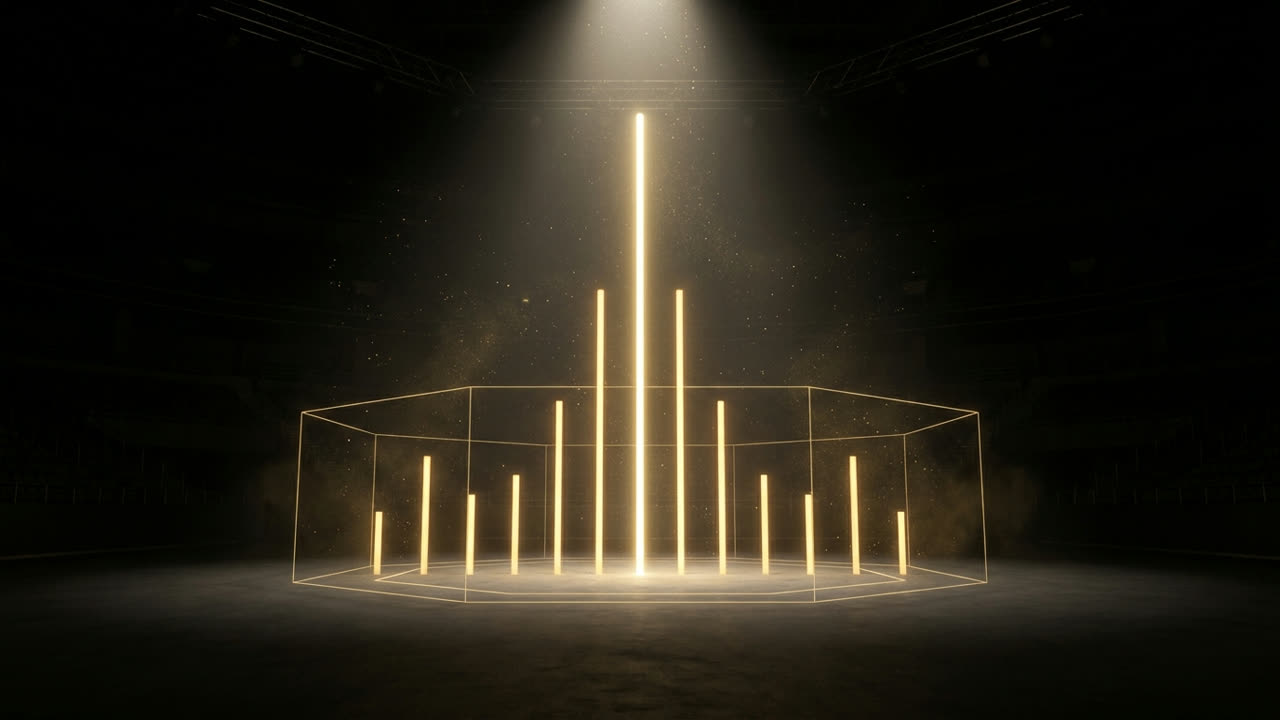 A row of golden light columns inside a dark octagon, one towering far above the rest