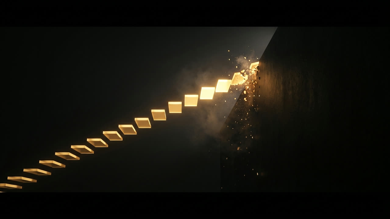 An ascending staircase of golden light segments shattering against a colossal dark wall